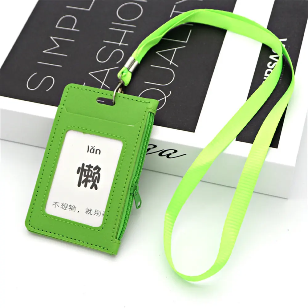 Simple Student Kids Lanyard Card Holder Slim Wallet Boys Pu Id Certificate Bus Door Credit Card Bag for Girls Zipper Coin Purses