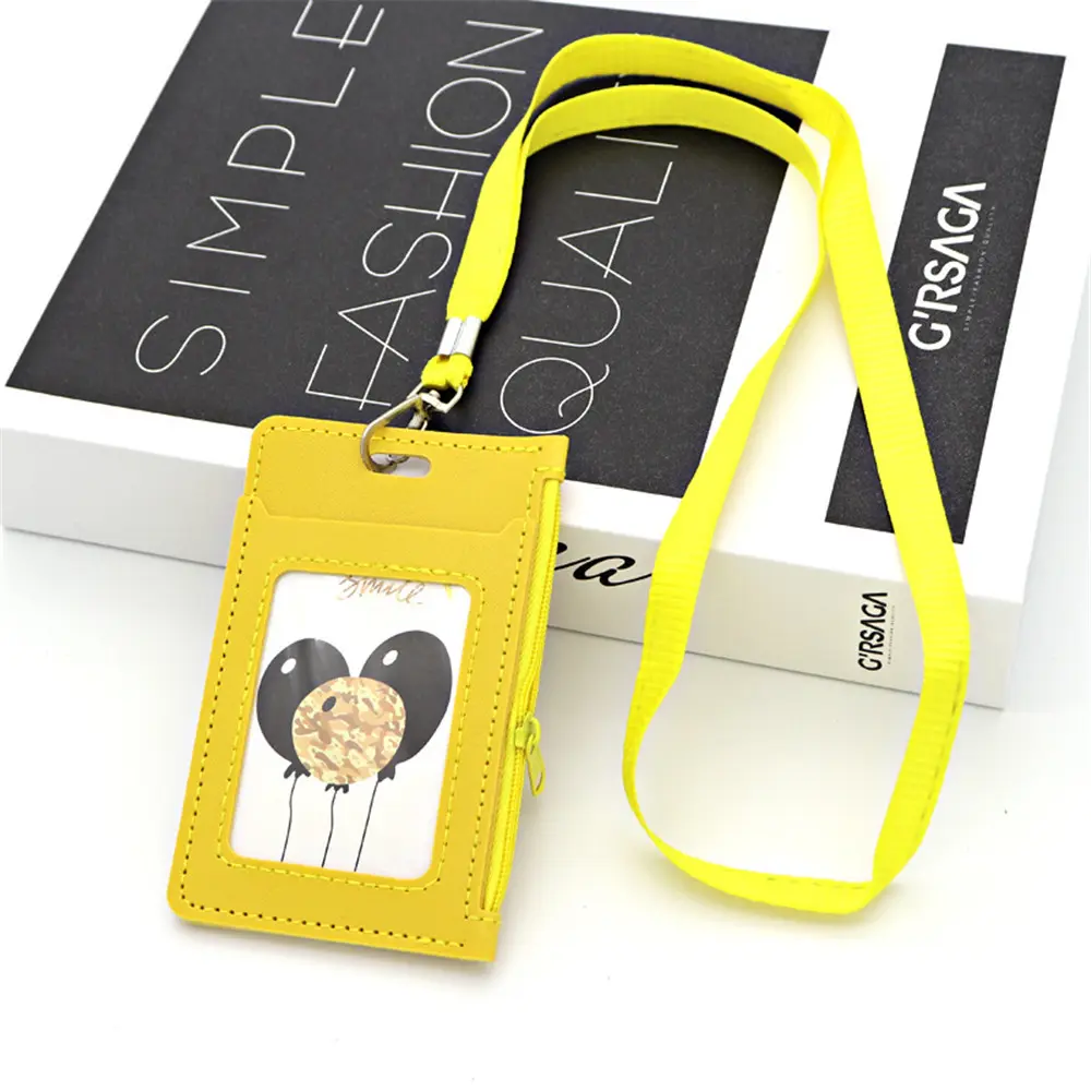 Simple Student Kids Lanyard Card Holder Slim Wallet Boys Pu Id Certificate Bus Door Credit Card Bag for Girls Zipper Coin Purses
