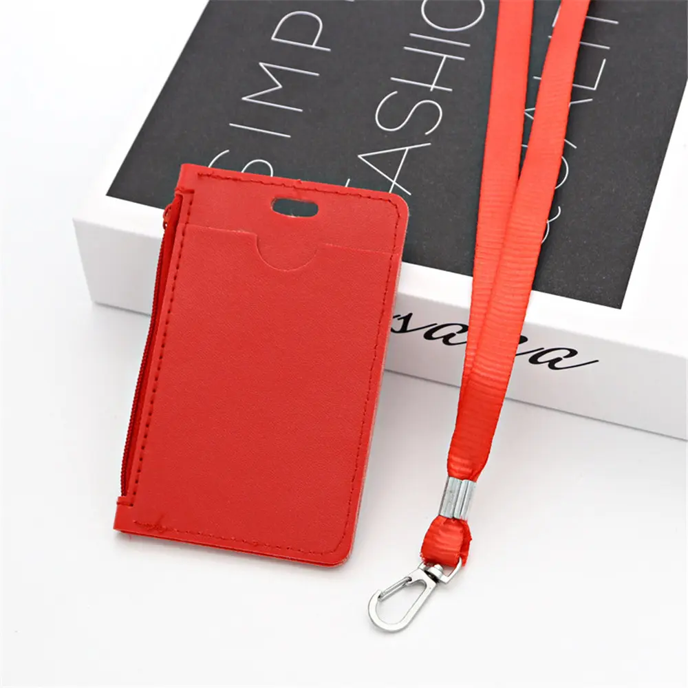 Simple Student Kids Lanyard Card Holder Slim Wallet Boys Pu Id Certificate Bus Door Credit Card Bag for Girls Zipper Coin Purses