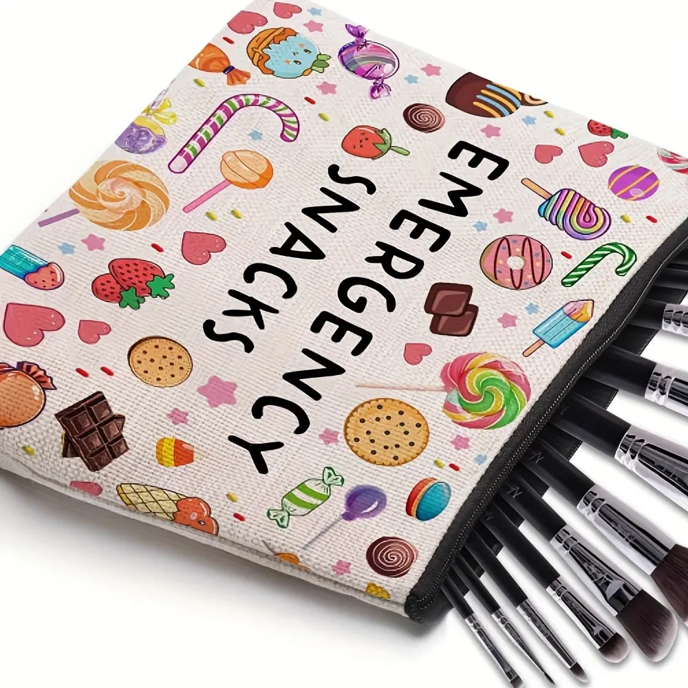 Emergency Snacks Makeup Bag Fun Candy Treat Design Lightweight Travel Pouch for Women Compact Cosmetic Organizer Zipper Closure