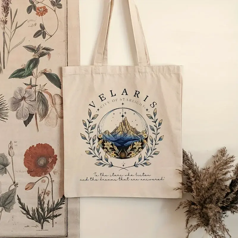 90s ACOTAR Velaris Pattern Tote Bag Canvas Shoulder Bag For Daily Commute Women's Shopping Bag Trendy Folding Shoulder Bag