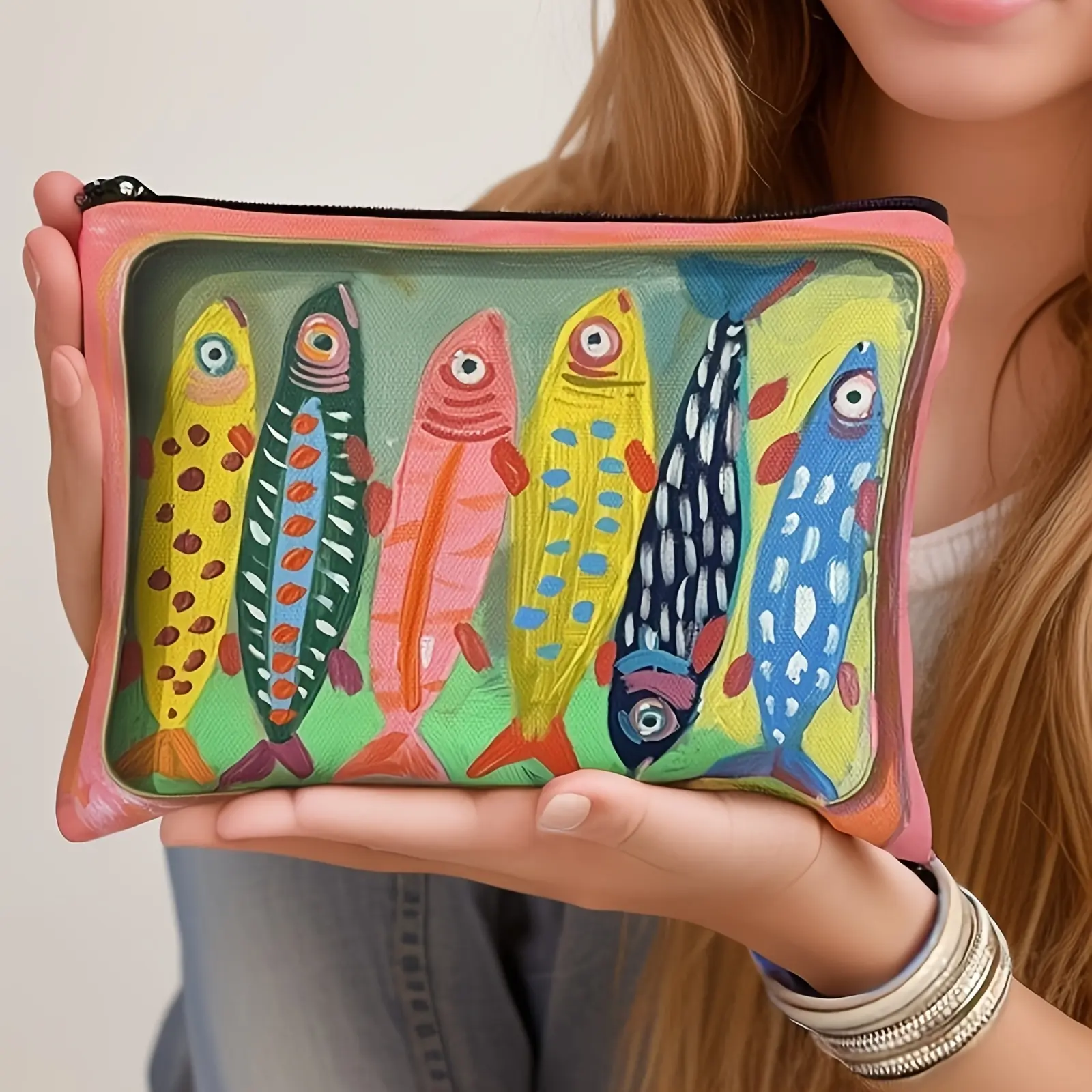 Durable Colorful Striped Fish Pattern Cosmetic Bag | Multi-Functional Zippered Makeup Pouch & Coin Purse