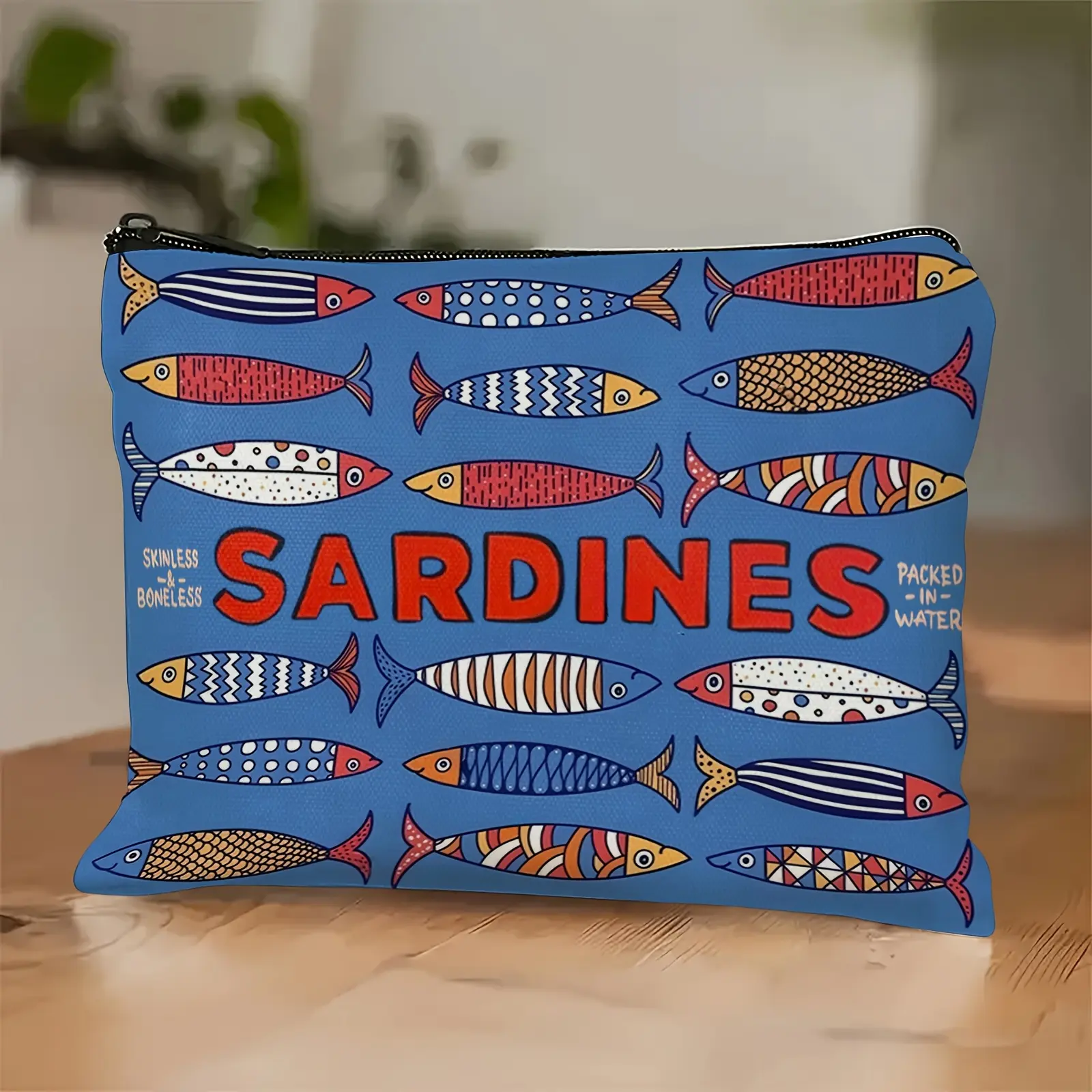 Retro Sardine Print Cosmetic Bag - Vibrant Mixed Colors, Durable Fabric, Compact Travel Makeup Pouch & Pencil Case