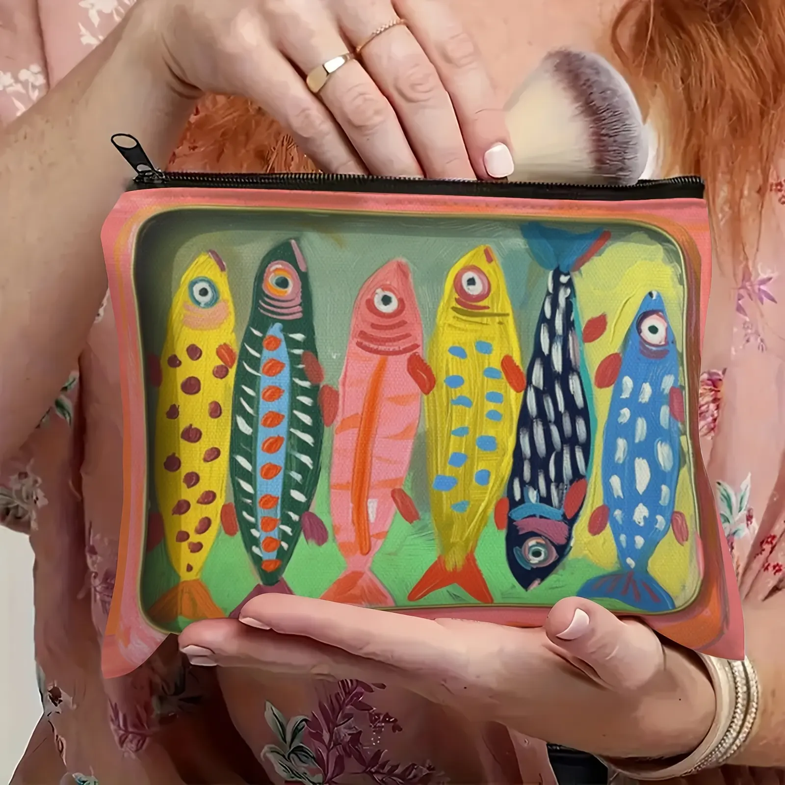 Durable Colorful Striped Fish Pattern Cosmetic Bag | Multi-Functional Zippered Makeup Pouch & Coin Purse
