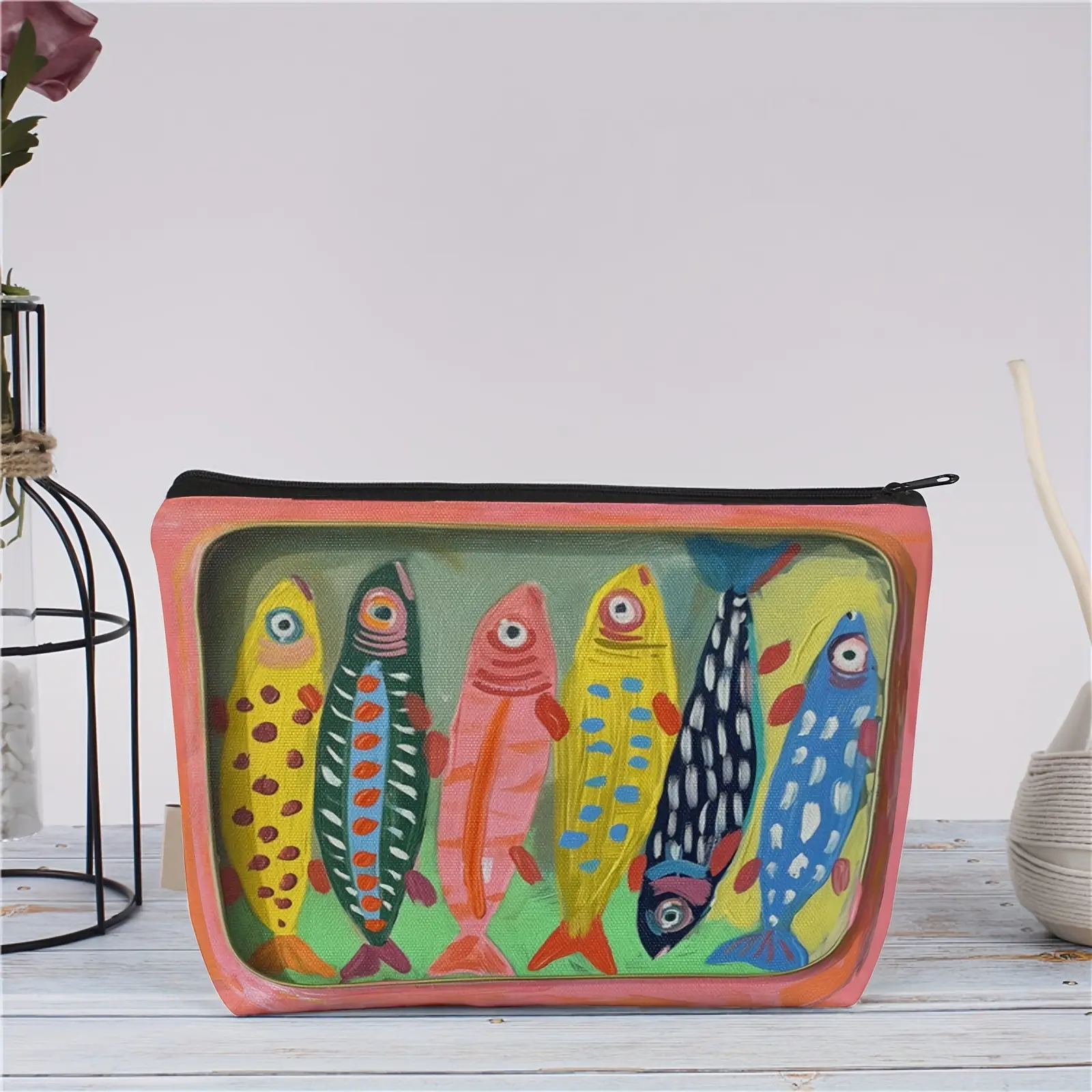Durable Colorful Striped Fish Pattern Cosmetic Bag | Multi-Functional Zippered Makeup Pouch & Coin Purse