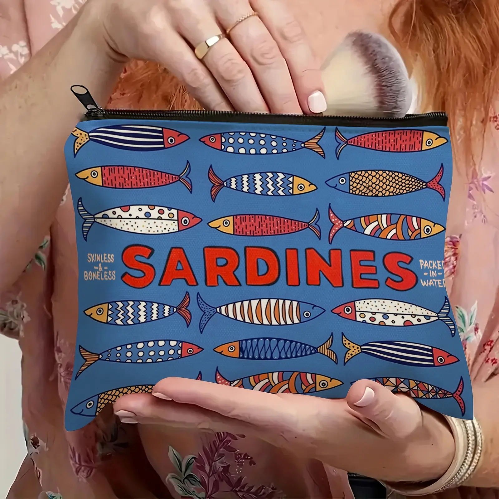 Retro Sardine Print Cosmetic Bag - Vibrant Mixed Colors, Durable Fabric, Compact Travel Makeup Pouch & Pencil Case