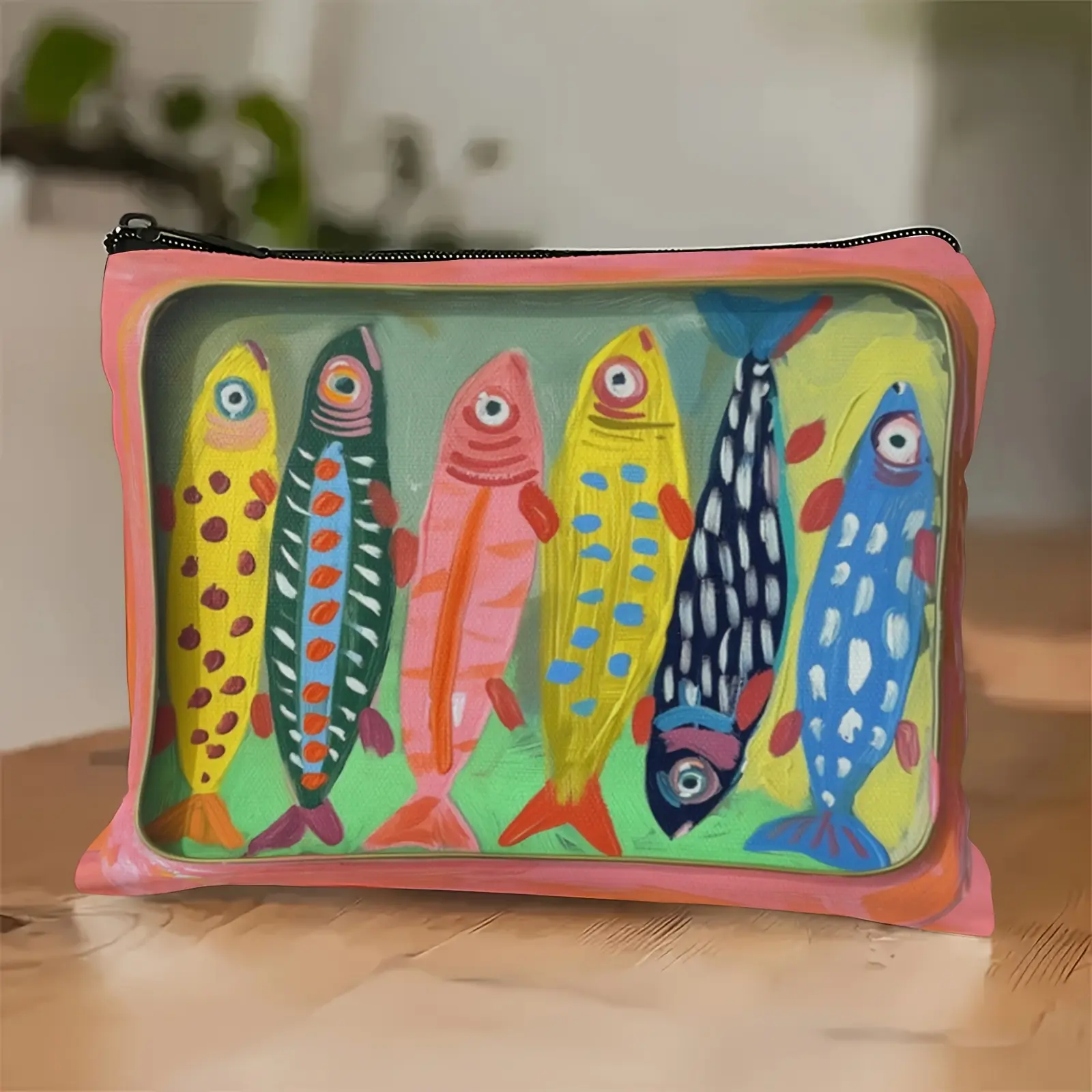 Durable Colorful Striped Fish Pattern Cosmetic Bag | Multi-Functional Zippered Makeup Pouch & Coin Purse