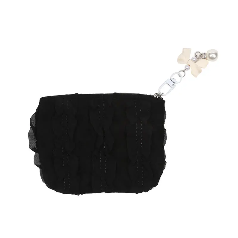 Cute Bow Girls Cosmetic Bag Storage Pouch Solid Color Soft Coin Purse Lipstick Headphone Bag Large Capacity Lace Clutch Bag