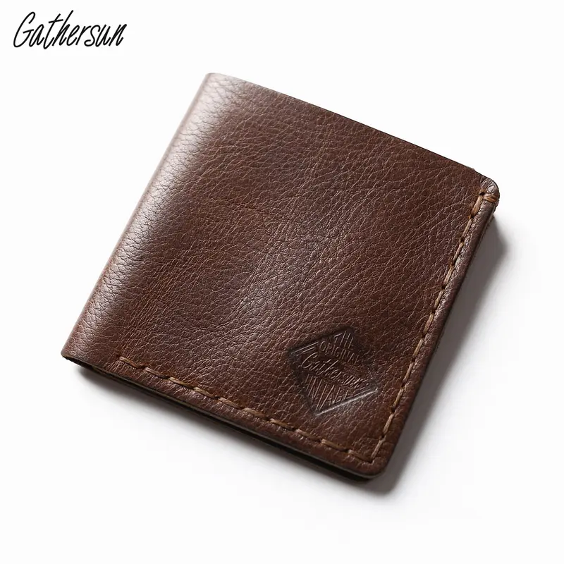 Gathersun Handmade Leather Square Wallet Unisex Short Pocket Wallet with Coin Pocket and 3 Credit Card Slots