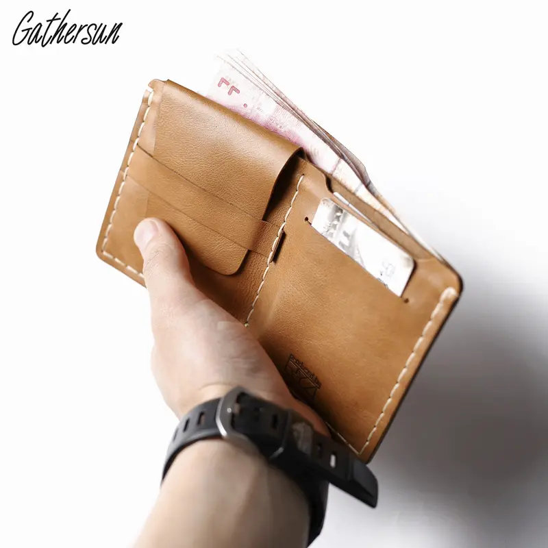 Gathersun Handmade Leather Square Wallet Unisex Short Pocket Wallet with Coin Pocket and 3 Credit Card Slots