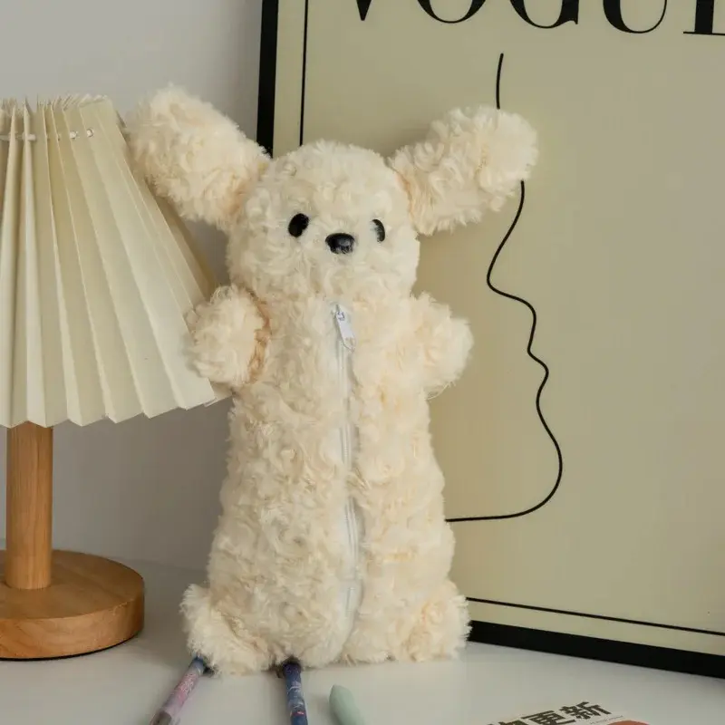 Korea Style Puppy Pencil Case Soft Plush School Stationary Big Capacity Pen Bag For Student Stationary