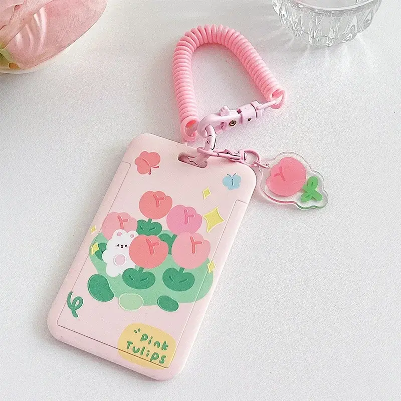 Students ID Bus Card Holder Tulip Bear Rabbit Card Holder with Elastic Rope Credit Cards Protectors Sleeve Pink Bank Cards Cover