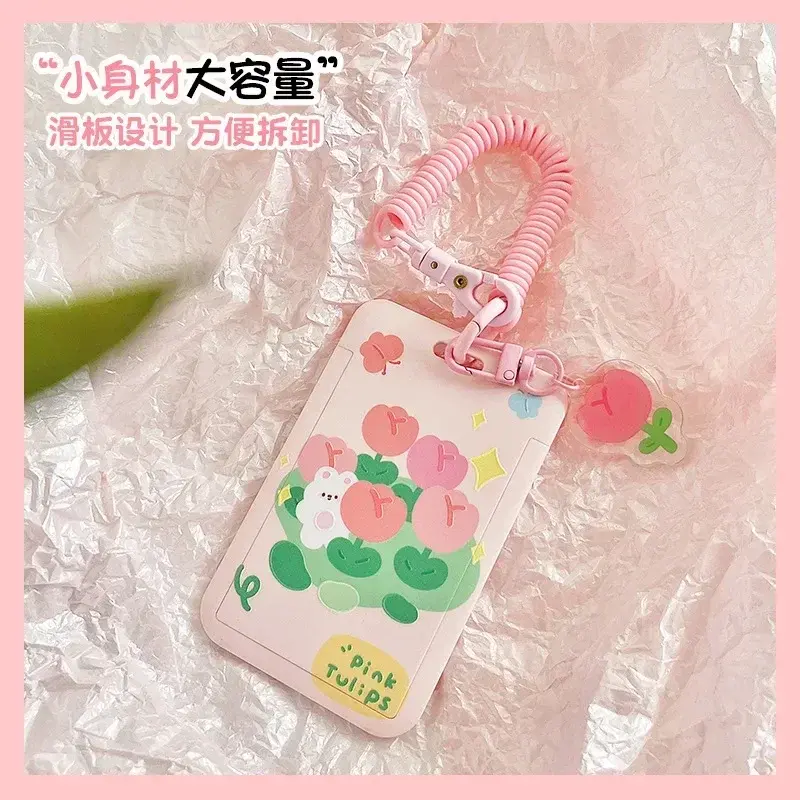 Students ID Bus Card Holder Tulip Bear Rabbit Card Holder with Elastic Rope Credit Cards Protectors Sleeve Pink Bank Cards Cover