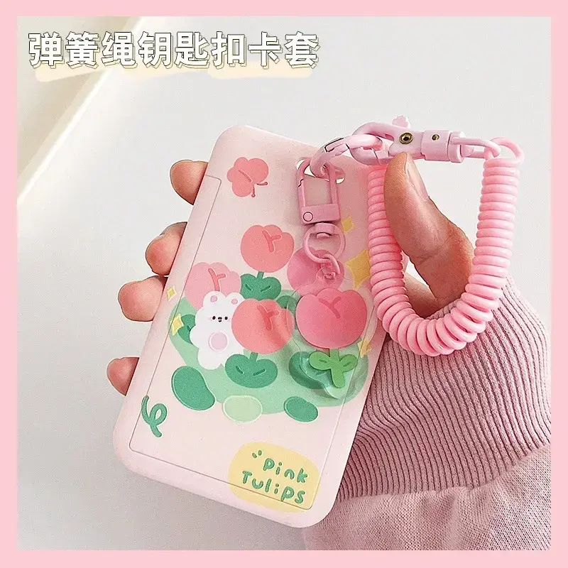 Students ID Bus Card Holder Tulip Bear Rabbit Card Holder with Elastic Rope Credit Cards Protectors Sleeve Pink Bank Cards Cover