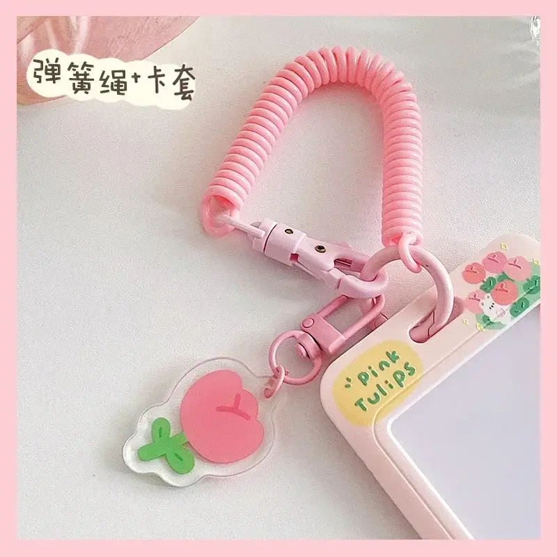Students ID Bus Card Holder Tulip Bear Rabbit Card Holder with Elastic Rope Credit Cards Protectors Sleeve Pink Bank Cards Cover