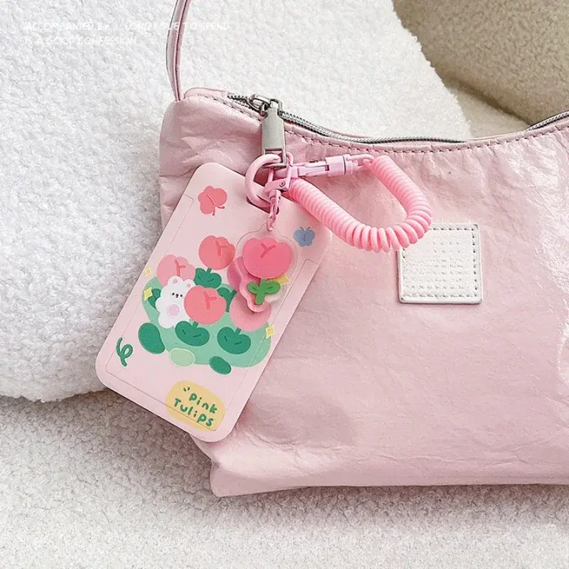 Students ID Bus Card Holder Tulip Bear Rabbit Card Holder with Elastic Rope Credit Cards Protectors Sleeve Pink Bank Cards Cover