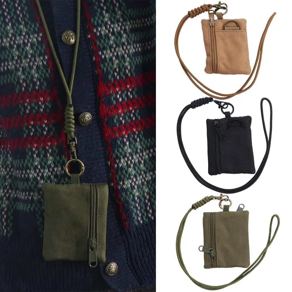 Portable Square Hanging Neck Coin Purse Nylon Oxford Cloth Mini Wallet with Lanyard Small Zipper Card Holder for Women Men