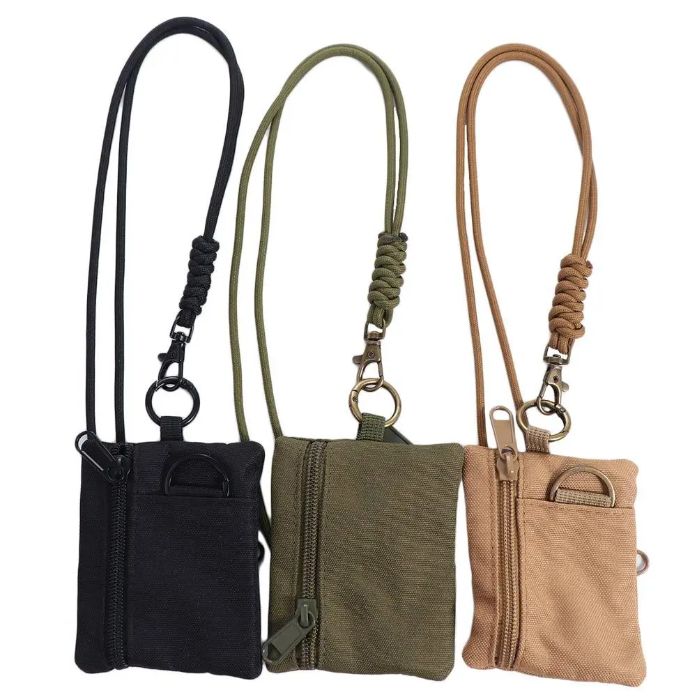 Portable Square Hanging Neck Coin Purse Nylon Oxford Cloth Mini Wallet with Lanyard Small Zipper Card Holder for Women Men