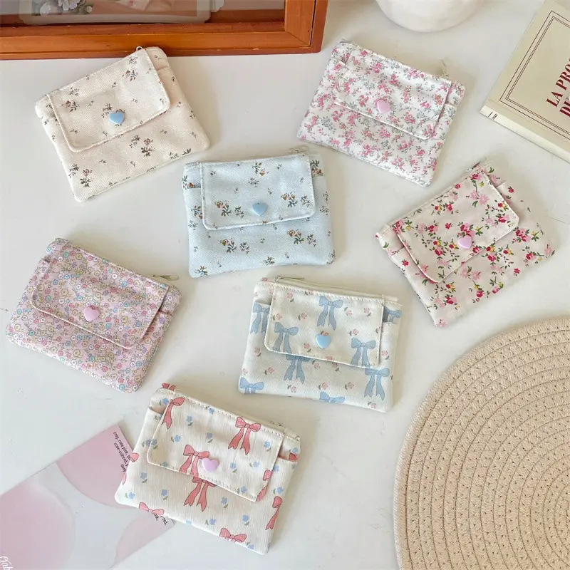 Multifunctional Document Card Bag Key Coin Purse for Women Cartoon Floral Bow Print Coin Purse Cute Storage Bag Purse