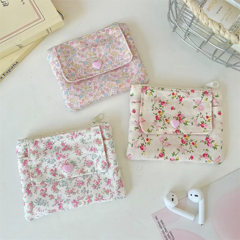 Multifunctional Document Card Bag Key Coin Purse for Women Cartoon Floral Bow Print Coin Purse Cute Storage Bag Purse