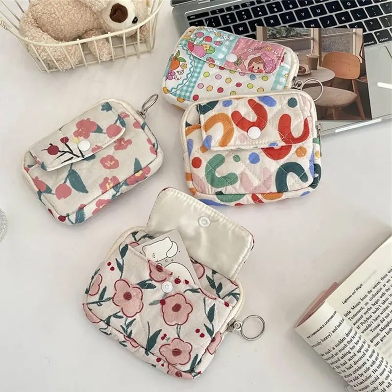 Cute Cartoon Flower Square Storage Bag Portable Wallet Coin Purse ID Card Holder Quilting Small Makeup Zipper Bags Mini Pouch