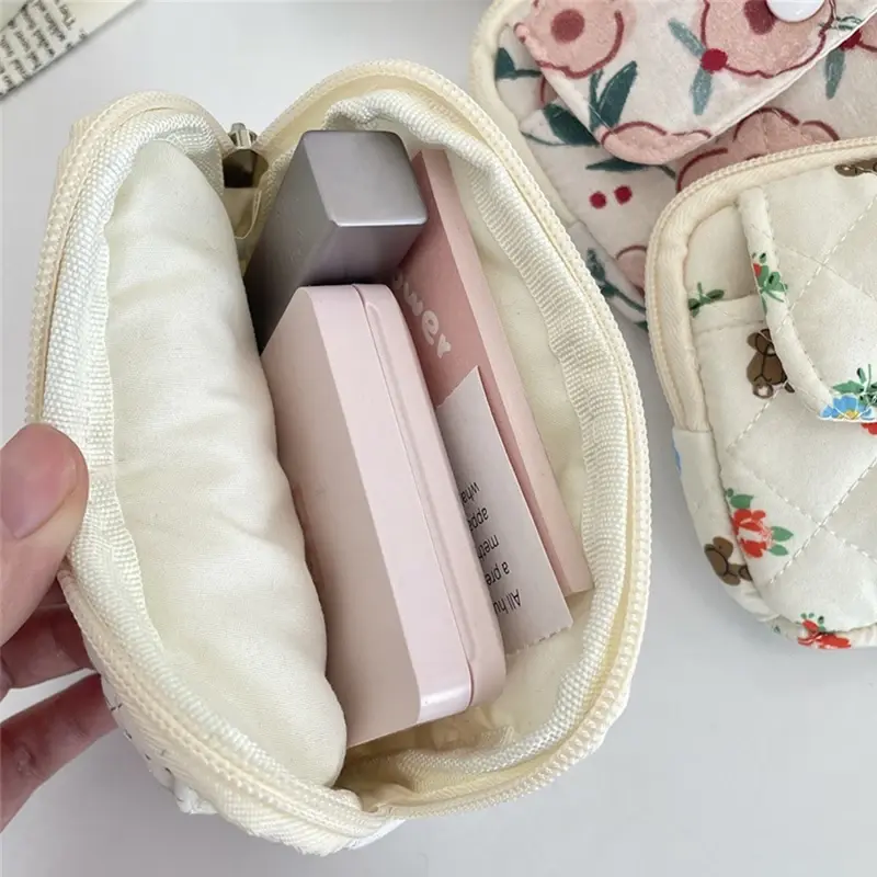 Cute Cartoon Flower Square Storage Bag Portable Wallet Coin Purse ID Card Holder Quilting Small Makeup Zipper Bags Mini Pouch