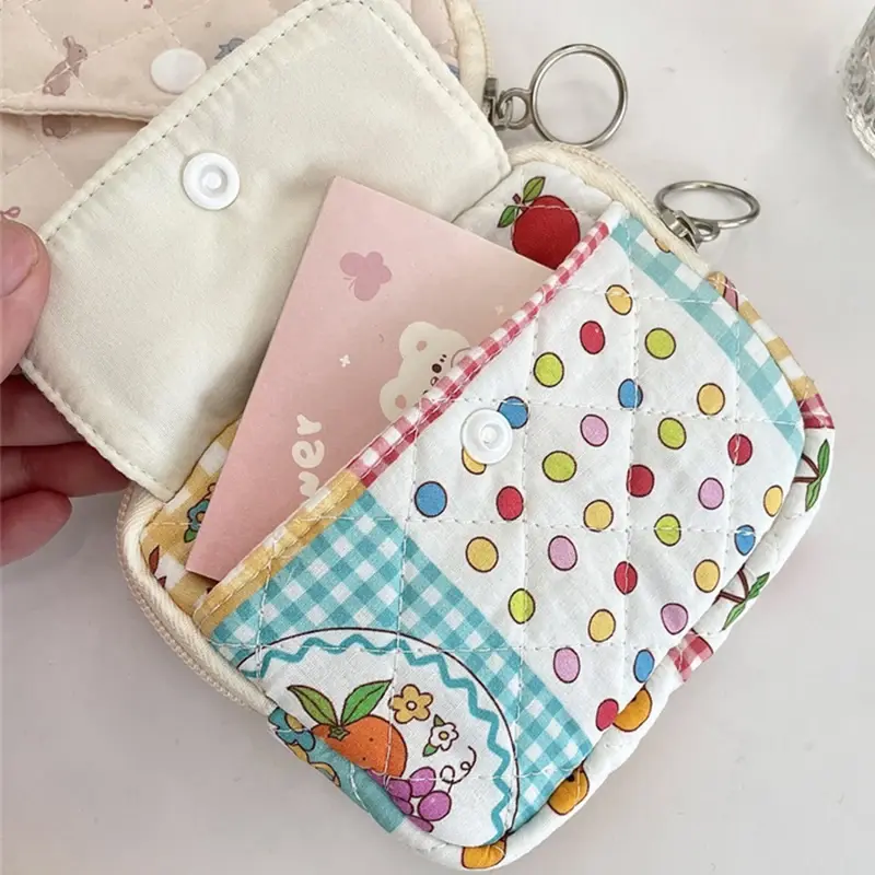 Cute Cartoon Flower Square Storage Bag Portable Wallet Coin Purse ID Card Holder Quilting Small Makeup Zipper Bags Mini Pouch