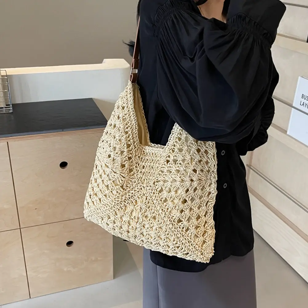 2024 Summer Straw Knitting Bag Hollow Out Tote Bag Solid Beach Shoulder Bag Holiday Travel Handbag Boho Shoulder Purse for Women