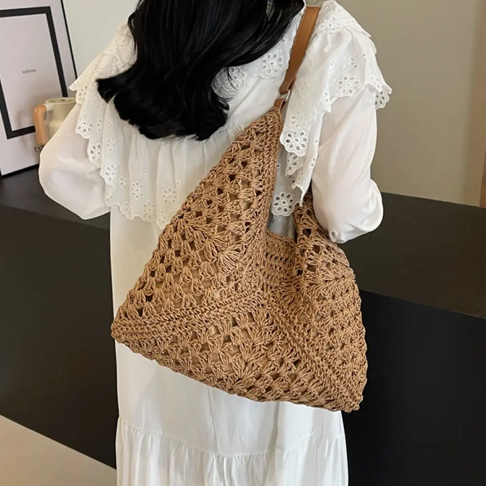 2024 Summer Straw Knitting Bag Hollow Out Tote Bag Solid Beach Shoulder Bag Holiday Travel Handbag Boho Shoulder Purse for Women