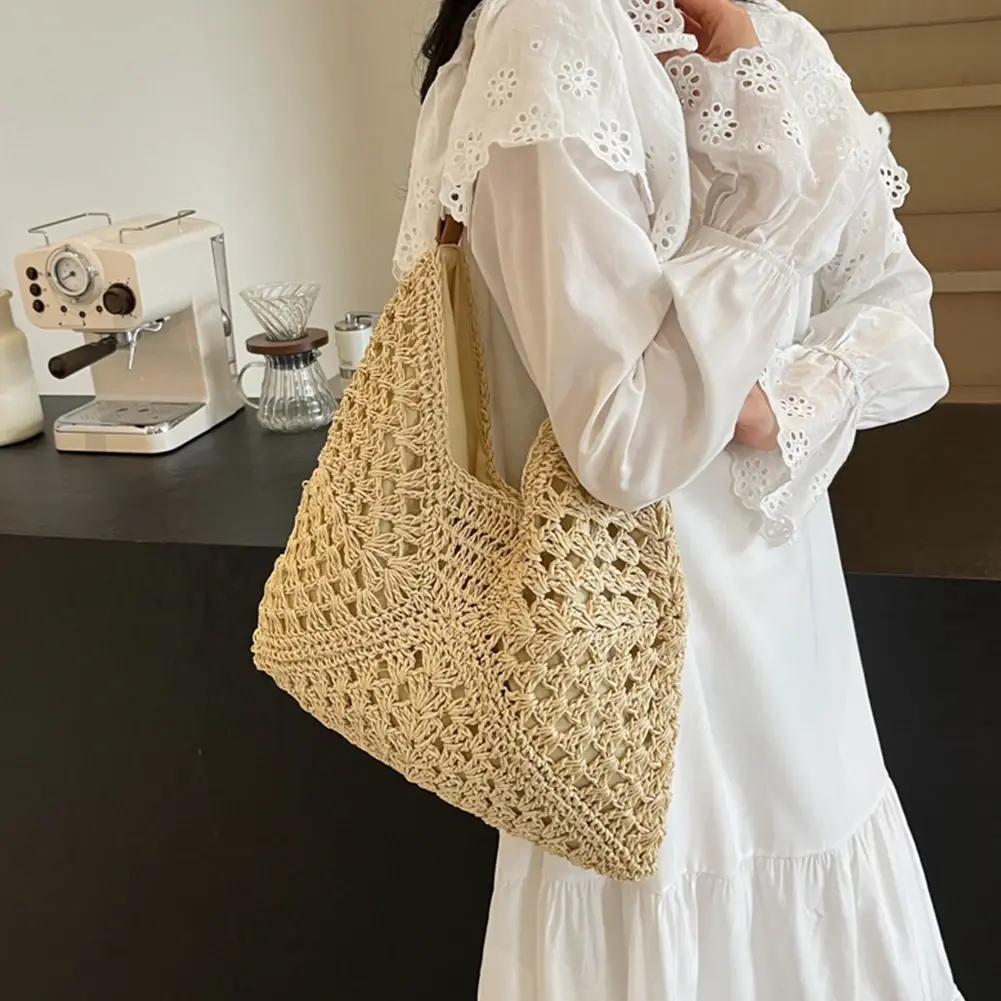 2024 Summer Straw Knitting Bag Hollow Out Tote Bag Solid Beach Shoulder Bag Holiday Travel Handbag Boho Shoulder Purse for Women