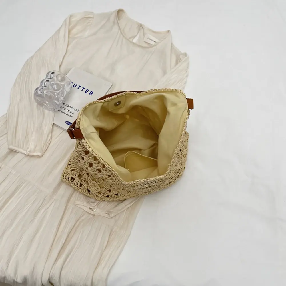 2024 Summer Straw Knitting Bag Hollow Out Tote Bag Solid Beach Shoulder Bag Holiday Travel Handbag Boho Shoulder Purse for Women
