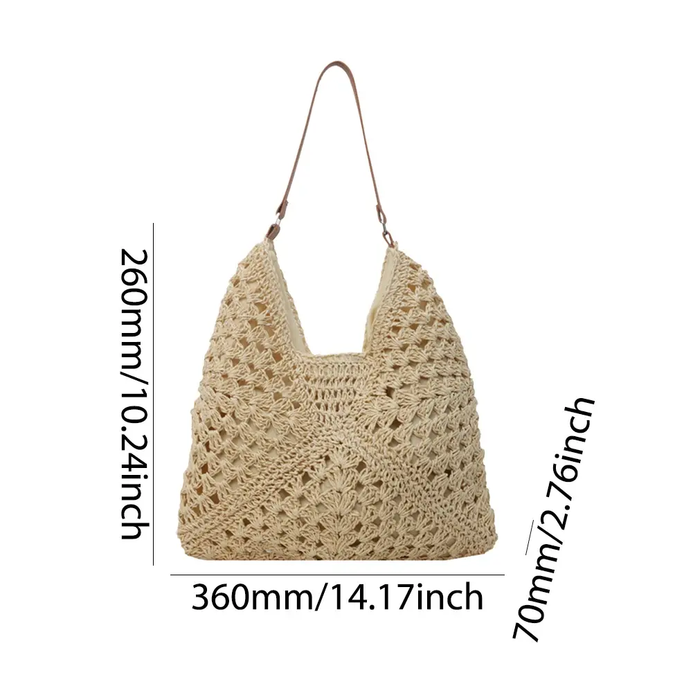 2024 Summer Straw Knitting Bag Hollow Out Tote Bag Solid Beach Shoulder Bag Holiday Travel Handbag Boho Shoulder Purse for Women