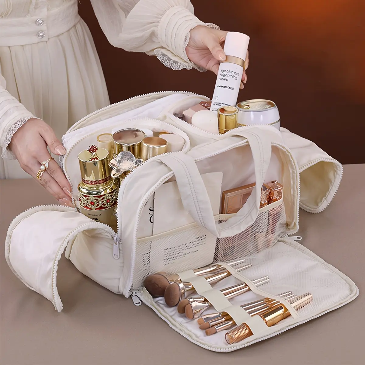 Portable Fabric Cosmetic Storage Bag Large Capacity Toiletry Bag Beauty Bag Multifunctional Travel Item Organizer Bag