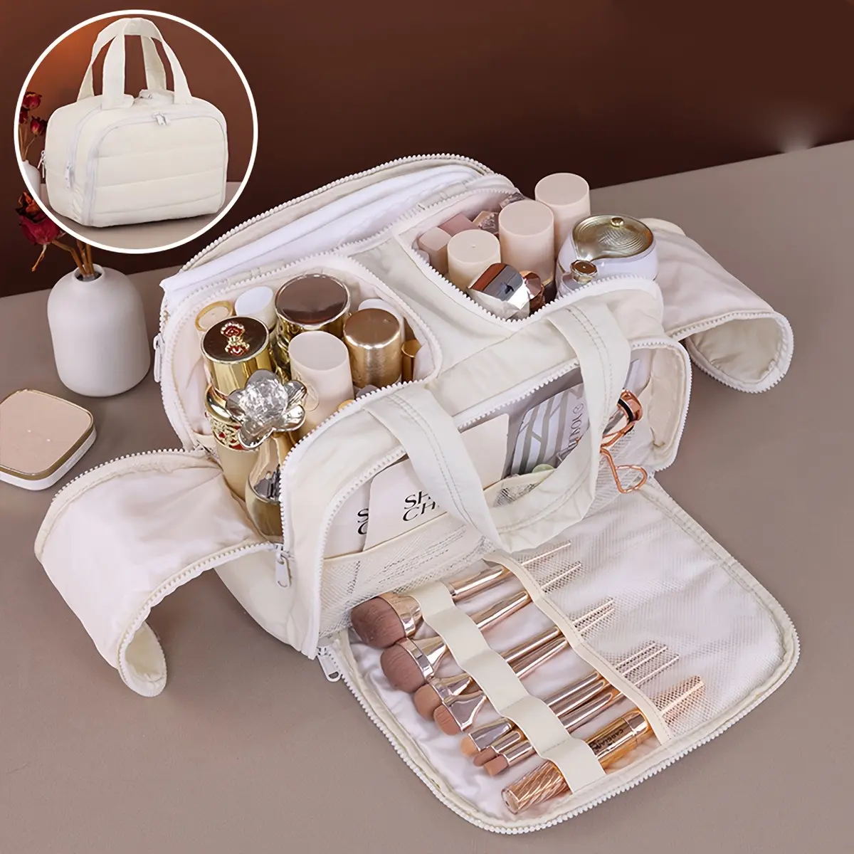 Portable Fabric Cosmetic Storage Bag Large Capacity Toiletry Bag Beauty Bag Multifunctional Travel Item Organizer Bag