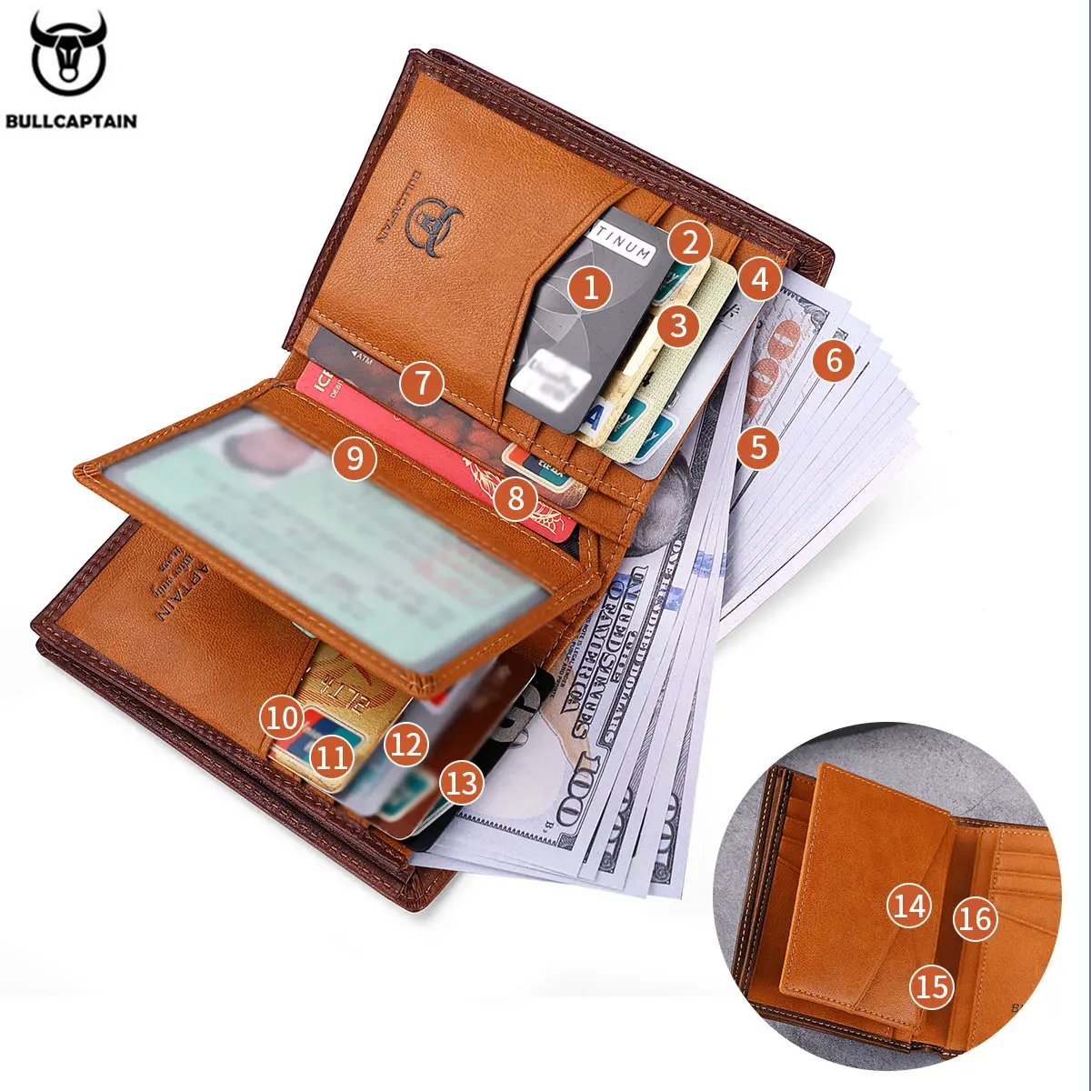 BULLCAPTAIN New 100% Leather Men's Wallet High Quality Product Leather Men's Wallet Multifunctional Card Slot Short Wallet QB017
