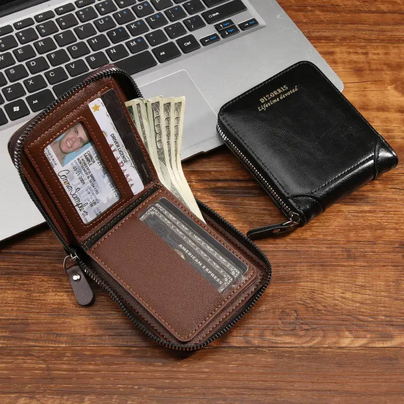 Men's wallet with driving license cover, vintage and simple, short and multi-functional card holder with zipper