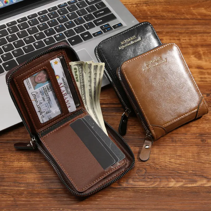 Men's wallet with driving license cover, vintage and simple, short and multi-functional card holder with zipper