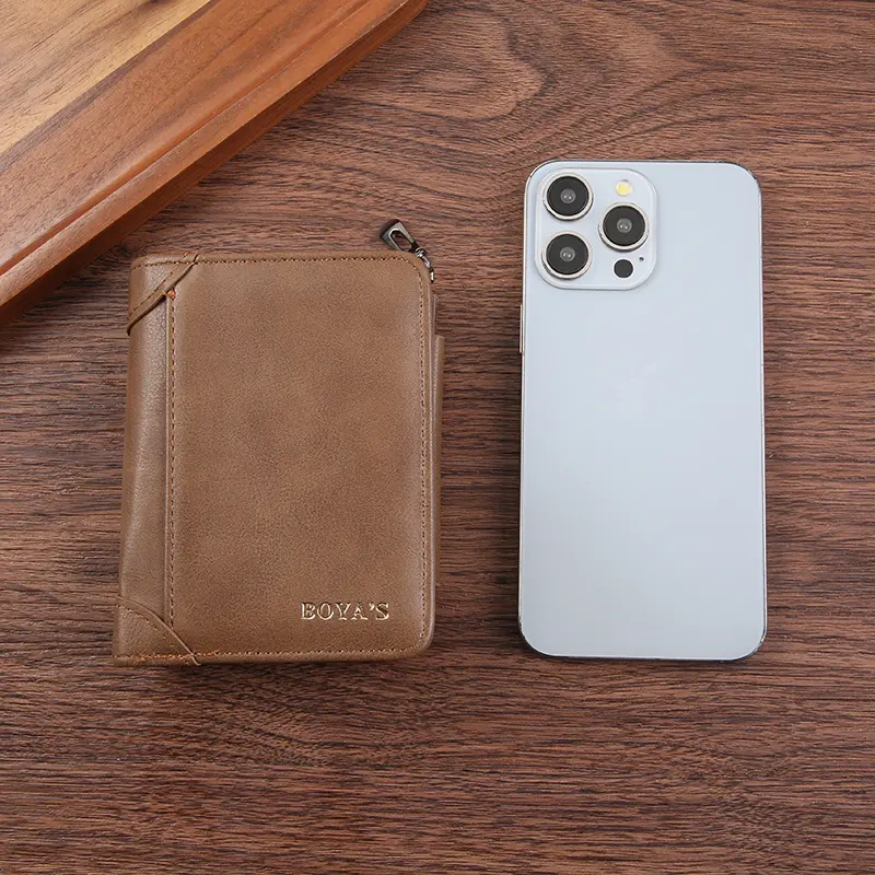 Business PU leather short men's wallet retro high-end zipper three fold multi card wallet