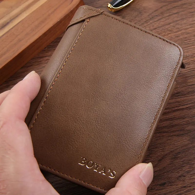 Business PU leather short men's wallet retro high-end zipper three fold multi card wallet