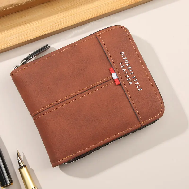 2025 new men's wallet short horizontal zipper three fold zero wallet retro casual buckle square bag