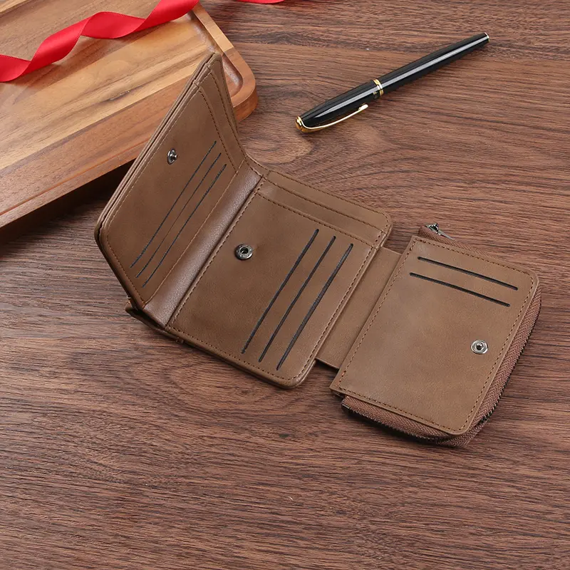 Business PU leather short men's wallet retro high-end zipper three fold multi card wallet