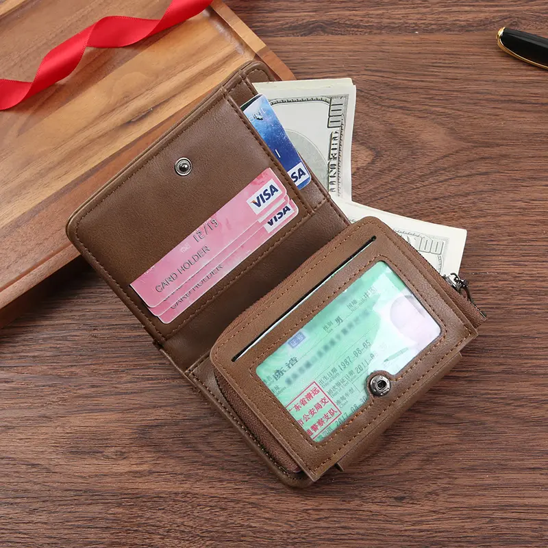 Business PU leather short men's wallet retro high-end zipper three fold multi card wallet