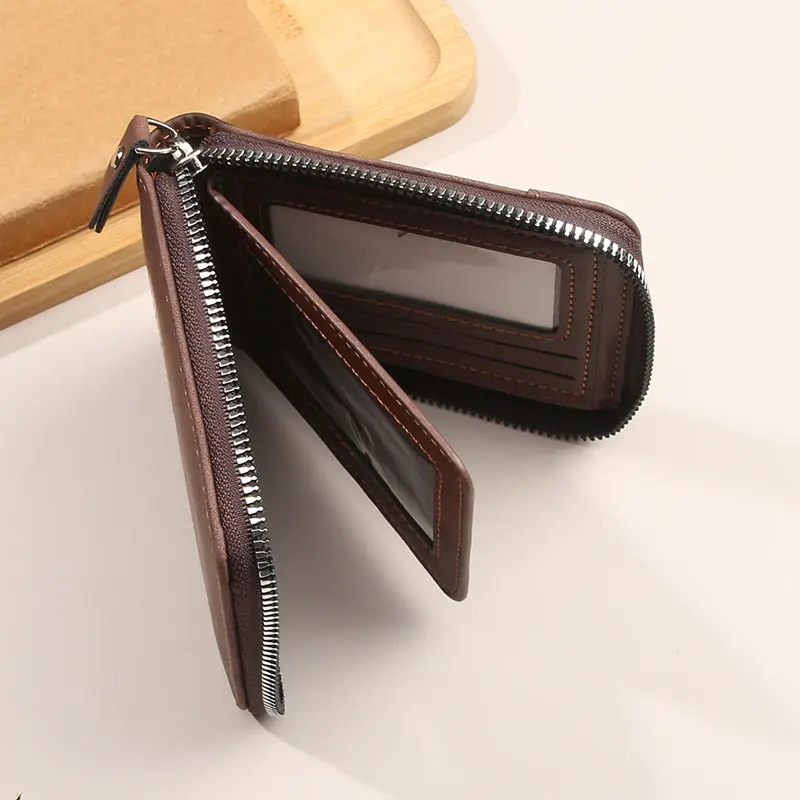2025 new men's wallet short horizontal zipper three fold zero wallet retro casual buckle square bag
