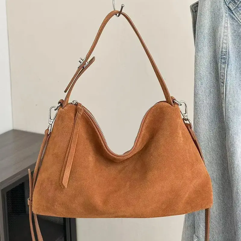 Genuine Leather Fashion Autumn Winter Boston Tote Soft Matte Suede Cow Leather Women's Handbag Shoulder Crossbody Bag For Women