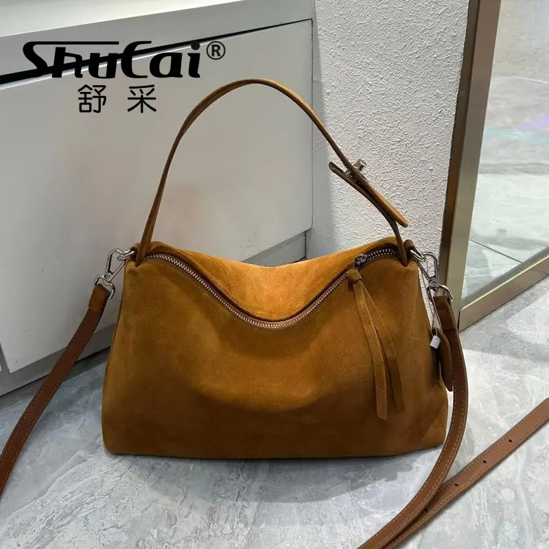 Genuine Leather Fashion Autumn Winter Boston Tote Soft Matte Suede Cow Leather Women's Handbag Shoulder Crossbody Bag For Women