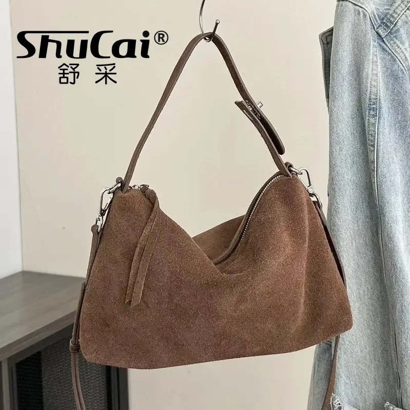 Genuine Leather Fashion Autumn Winter Boston Tote Soft Matte Suede Cow Leather Women's Handbag Shoulder Crossbody Bag For Women