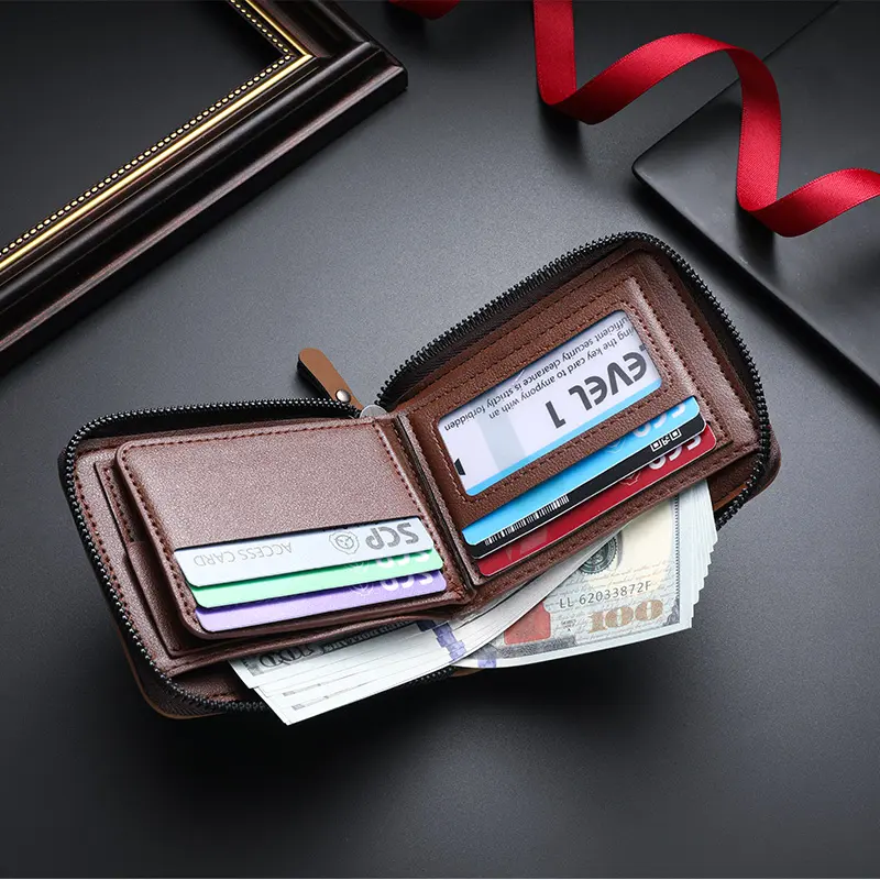 New men's chain wallet with European and American retro style, horizontal zipper bag, fashionable short card bag, coin purse.