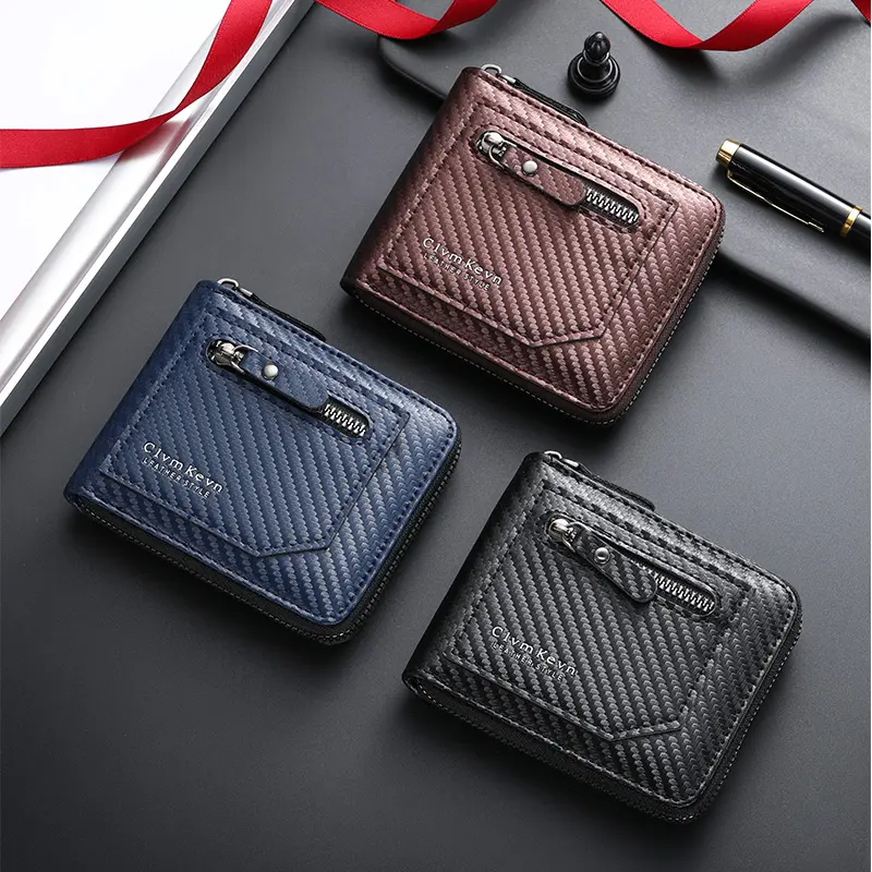 New carbon fiber pattern zipper men's wallet multi-card capacity large capacity short ID card pack wallet