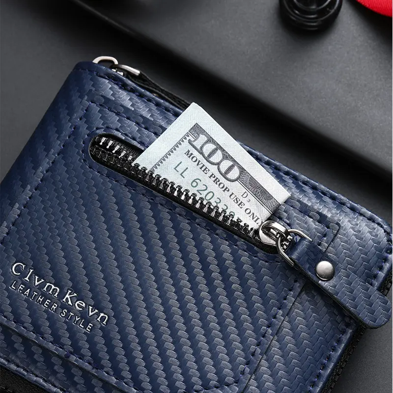 New carbon fiber pattern zipper men's wallet multi-card capacity large capacity short ID card pack wallet