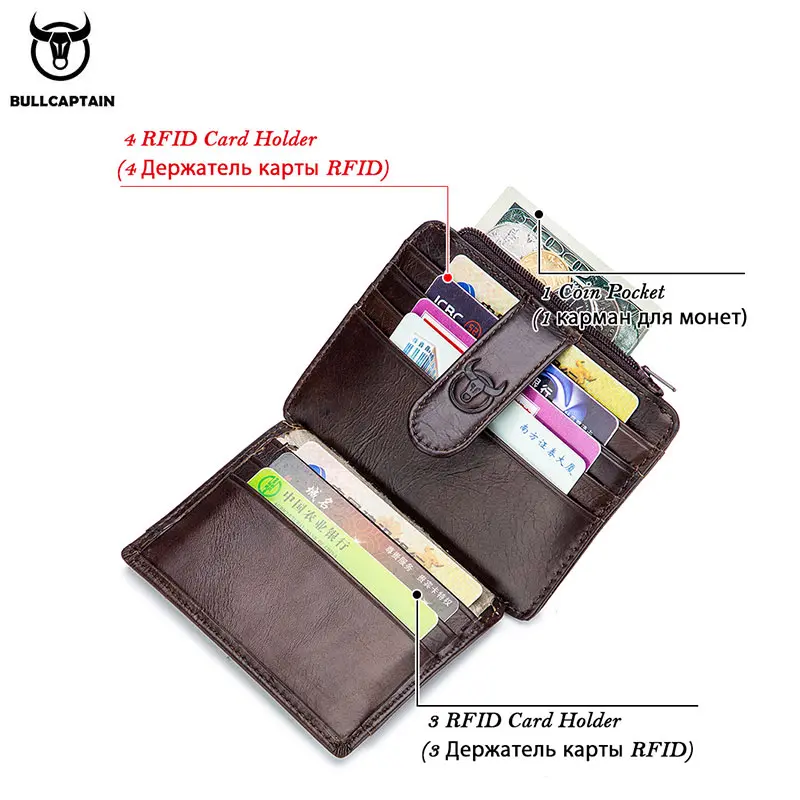 BULLCAPTAIN Genuine Leather RFID Blocking Zipper Card Holder Credit Cart Wallet Mini Slim Wallet Card & Id Holders Man Business